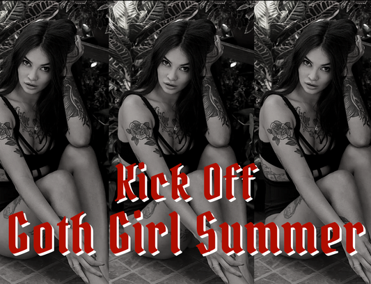 brunette tattooed model in black bikini with text kick off goth girl summer